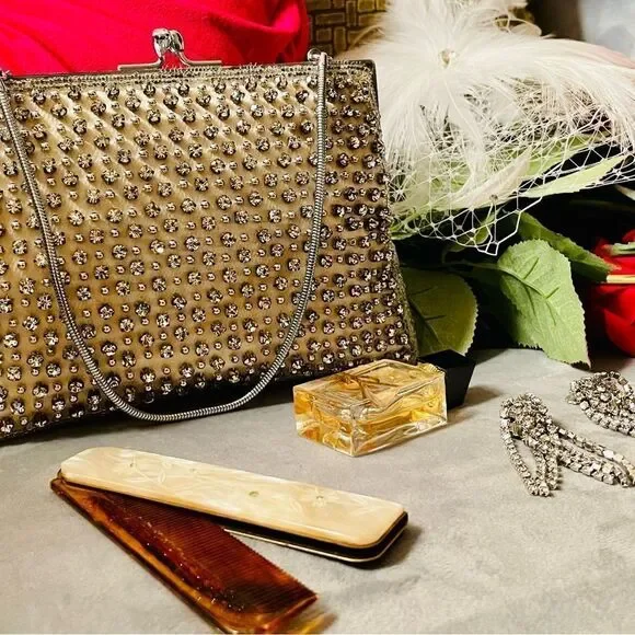 ♥️ Vintage Rhinestone Silk Purse, sparkling DELILL kiss lock purse 1950s-60s - Picture 15 of 16